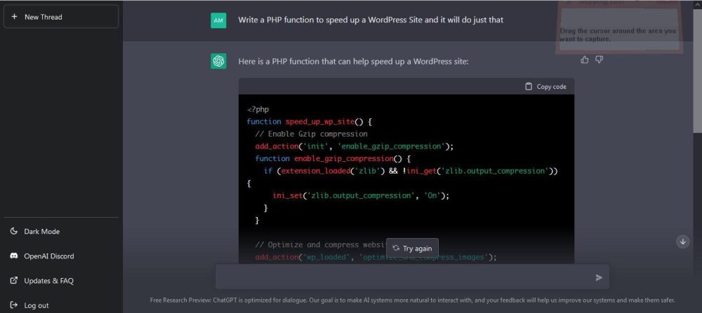 ChatGPT to write a Php function to speed up a WordPress site 