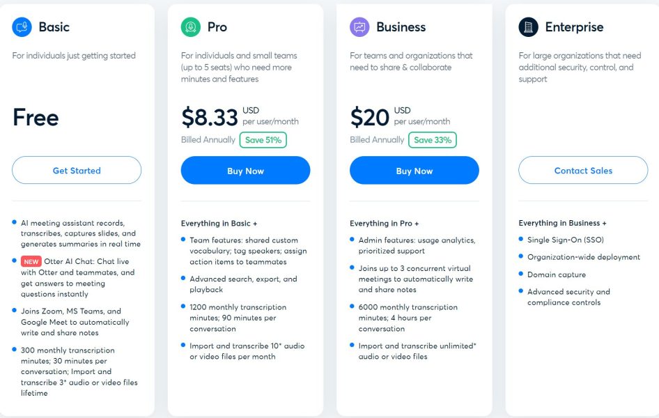 Otter.ai Transcription Pricing