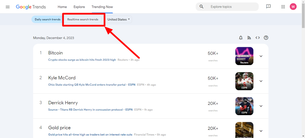 Google trend Realtime search trends